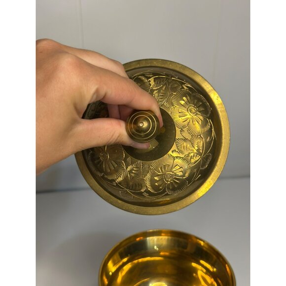 VTG Etched Brass Pedestal Lidded Jar – Engraved Decorative Bowl Container 6.75" - Picture 7 of 8
